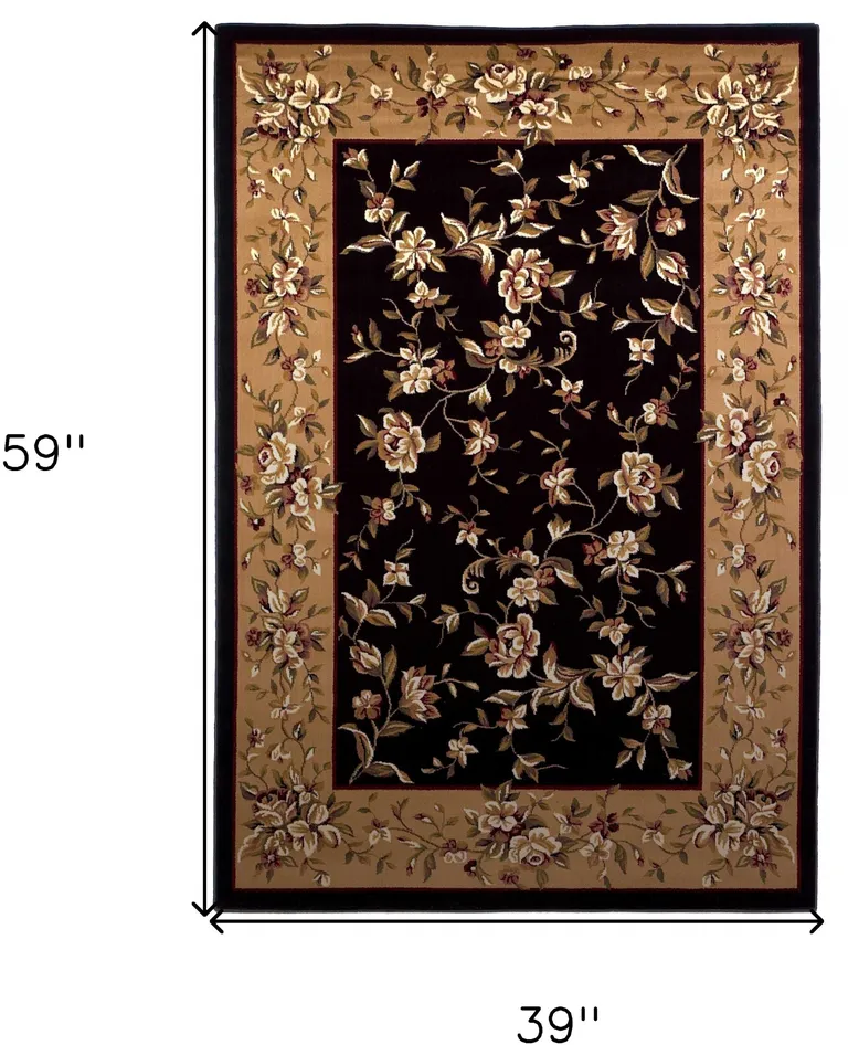 Black Beige Machine Woven Floral Vines Indoor Area Rug Photo 4