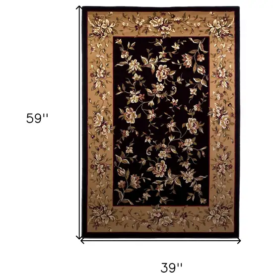 Black Beige Machine Woven Floral Vines Indoor Area Rug Photo 4