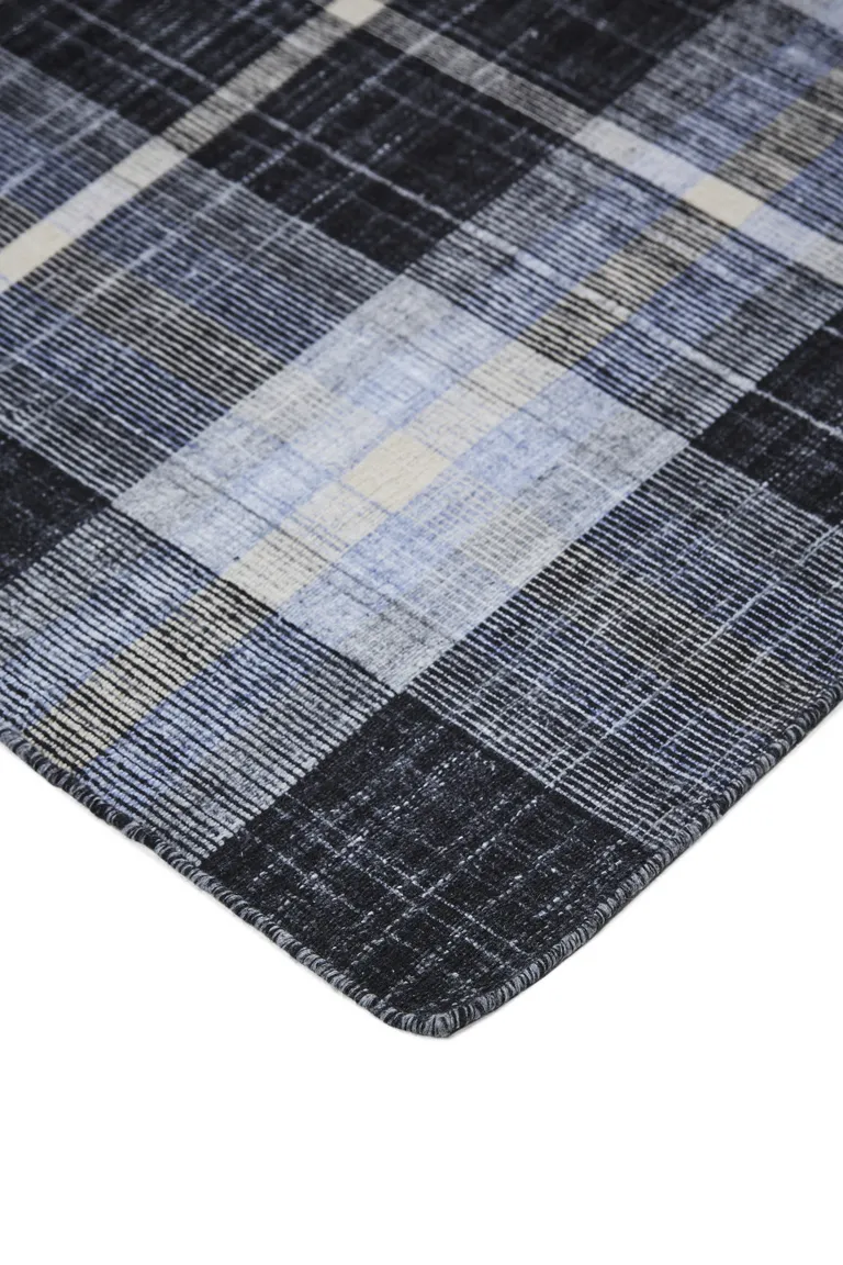 Black Blue And White Abstract Hand Woven Stain Resistant Area Rug Photo 3