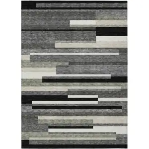 Photo of Black Charcoal And Gray Striped Washable Indoor Outdoor Area Rug