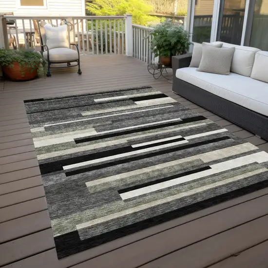 Black Charcoal And Gray Striped Washable Indoor Outdoor Area Rug Photo 9