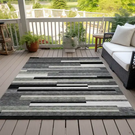 Black Charcoal And Gray Striped Washable Indoor Outdoor Area Rug Photo 6