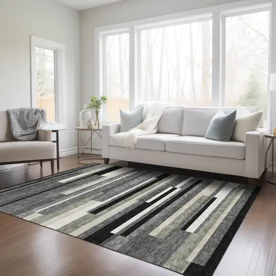 Black Charcoal And Gray Striped Washable Indoor Outdoor Area Rug Photo 8