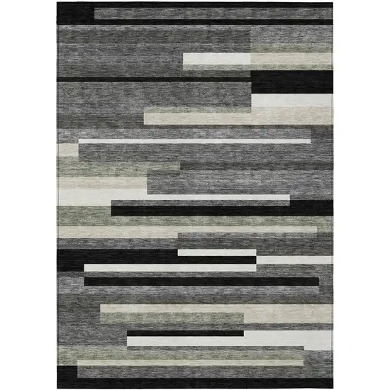 Black Charcoal And Gray Striped Washable Indoor Outdoor Area Rug Photo 1