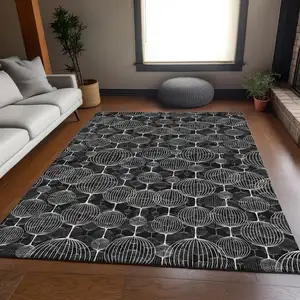 Photo of Black Charcoal And Ivory Geometric Washable Indoor Outdoor Area Rug