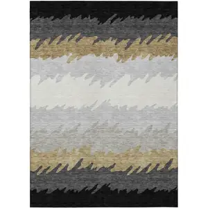 Photo of Black Charcoal And Silver Striped Washable Indoor Outdoor Area Rug