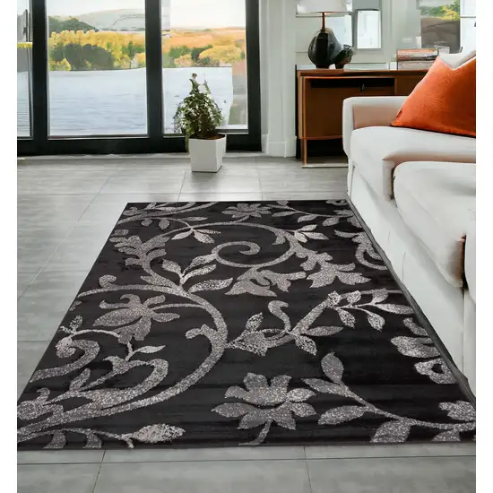 Black Gray and White Floral Vines Area Rug Photo 2