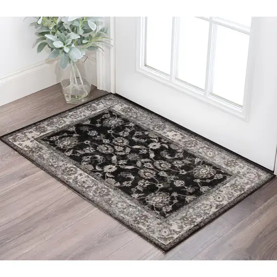 Ivory Black and Gray Floral Power Loom Area Rug Photo 1