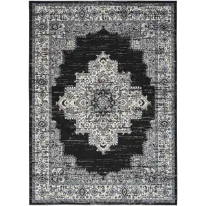 Photo of Black Floral Power Loom Distressed Area Rug