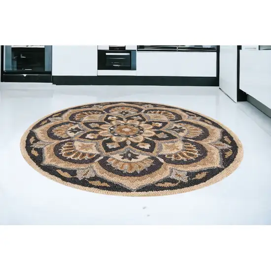 6' Black and Tan Round Wool Floral Medallion Hand Tufted Area Rug Photo 1