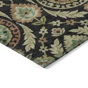 Photo of Black Gold And Copper Floral Washable Indoor Outdoor Area Rug