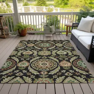 Photo of Black Gold And Copper Floral Washable Indoor Outdoor Area Rug