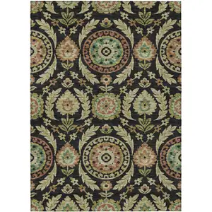 Photo of Black Gold And Copper Floral Washable Indoor Outdoor Area Rug