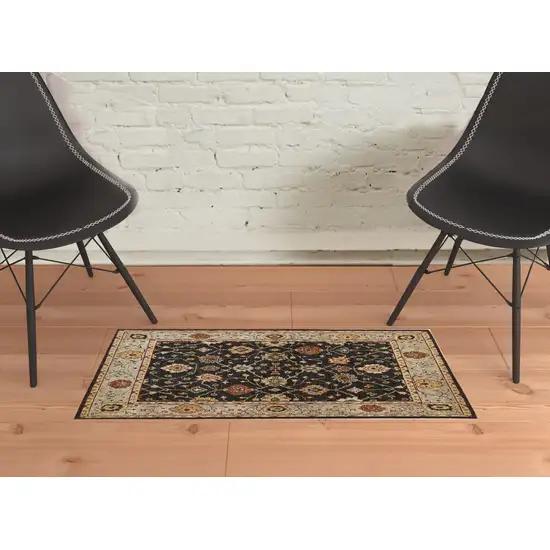 Black Gold And Gray Wool Floral Hand Knotted Stain Resistant Area Rug With Fringe Photo 4