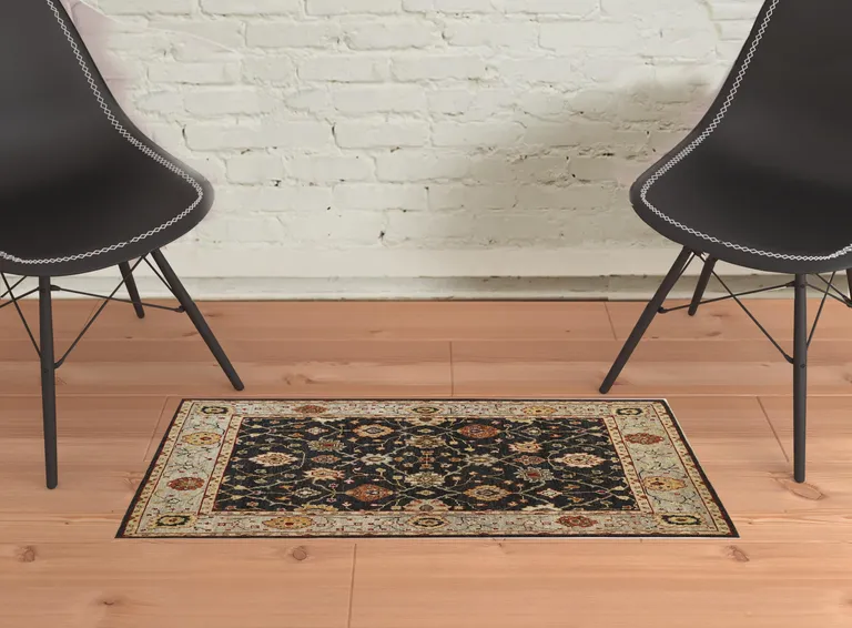 Black Gold And Gray Wool Floral Hand Knotted Stain Resistant Area Rug With Fringe Photo 4