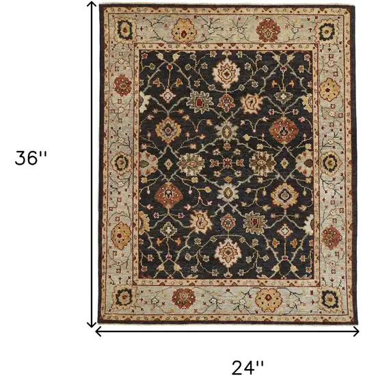 Black Gold And Gray Wool Floral Hand Knotted Stain Resistant Area Rug With Fringe Photo 8