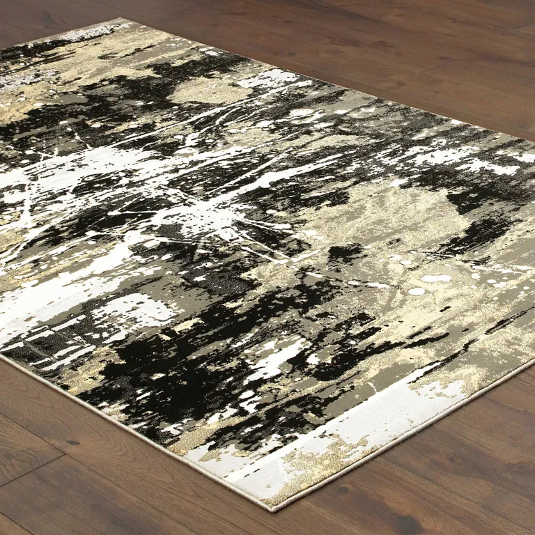 Black Gold Grey And Ivory Abstract Power Loom Stain Resistant Area Rug Photo 4