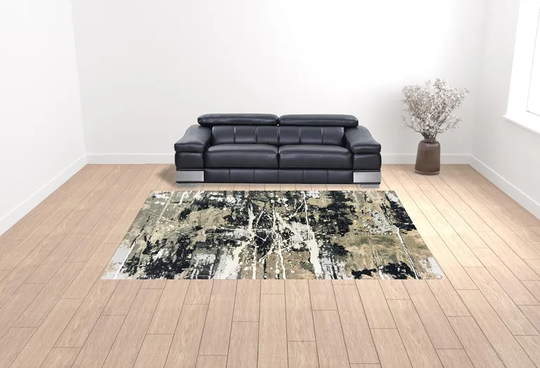 Black Gold Grey And Ivory Abstract Power Loom Stain Resistant Area Rug Photo 2