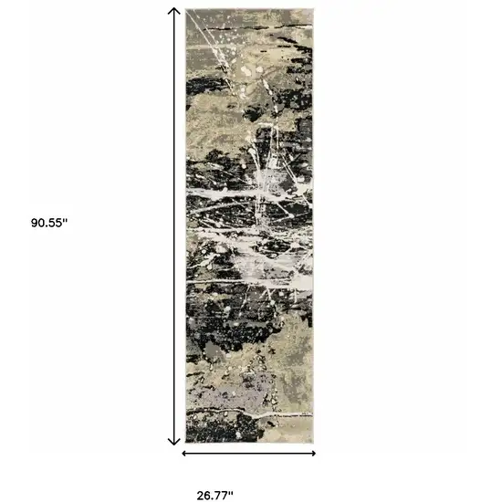 Black Gold Grey And Ivory Abstract Power Loom Stain Resistant Runner Rug Photo 5