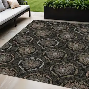 Photo of Black Gray And Brown Medallion Washable Indoor Outdoor Area Rug