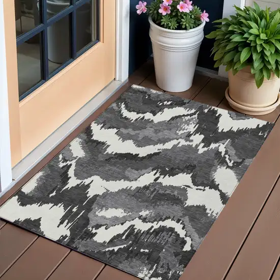 Black Gray And Charcoal Abstract Washable Indoor Outdoor Area Rug Photo 1