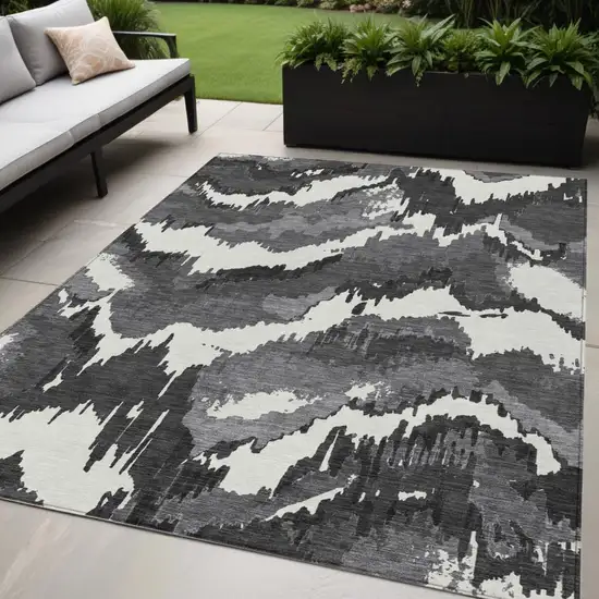 Black Gray And Charcoal Abstract Washable Indoor Outdoor Area Rug Photo 1