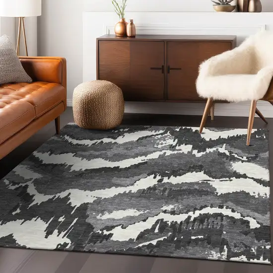 Black Gray And Charcoal Abstract Washable Indoor Outdoor Area Rug Photo 9