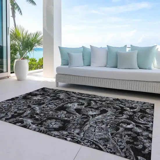 Black Gray And Charcoal Paisley Washable Indoor Outdoor Area Rug Photo 8