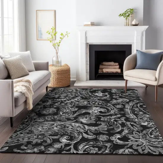 Black Gray And Charcoal Paisley Washable Indoor Outdoor Area Rug Photo 9