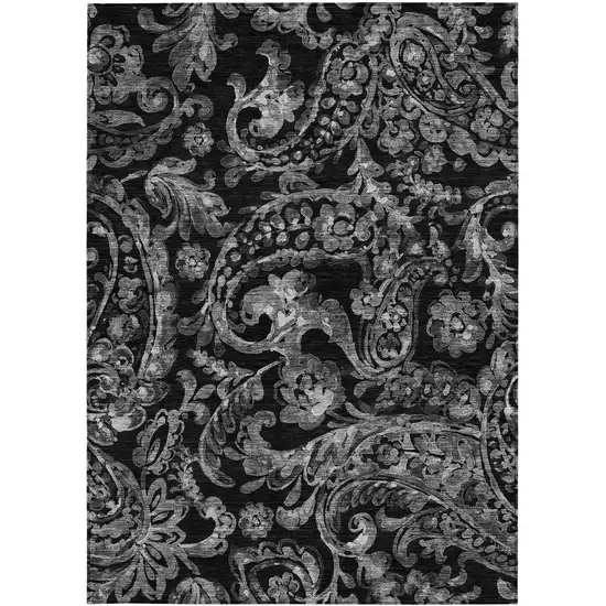 Black Gray And Charcoal Paisley Washable Indoor Outdoor Area Rug Photo 7