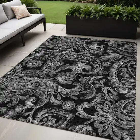 Black Gray And Charcoal Paisley Washable Indoor Outdoor Area Rug Photo 1