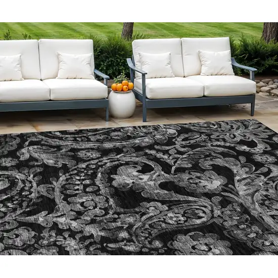 Black Gray And Charcoal Paisley Washable Indoor Outdoor Area Rug Photo 1