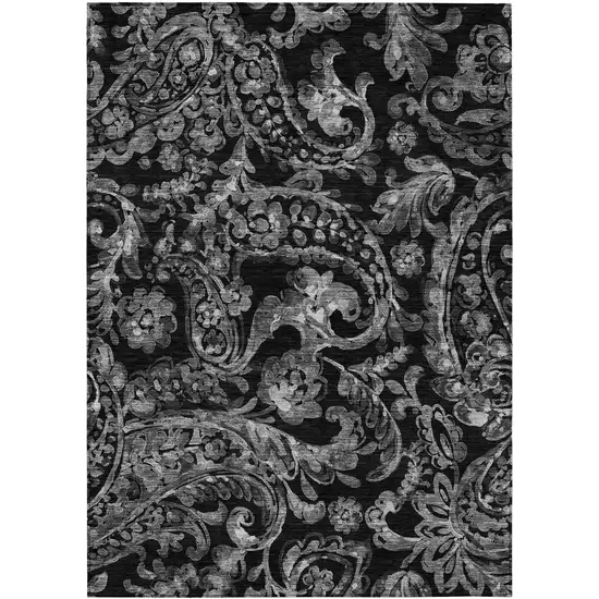 Black Gray And Charcoal Paisley Washable Indoor Outdoor Area Rug Photo 2