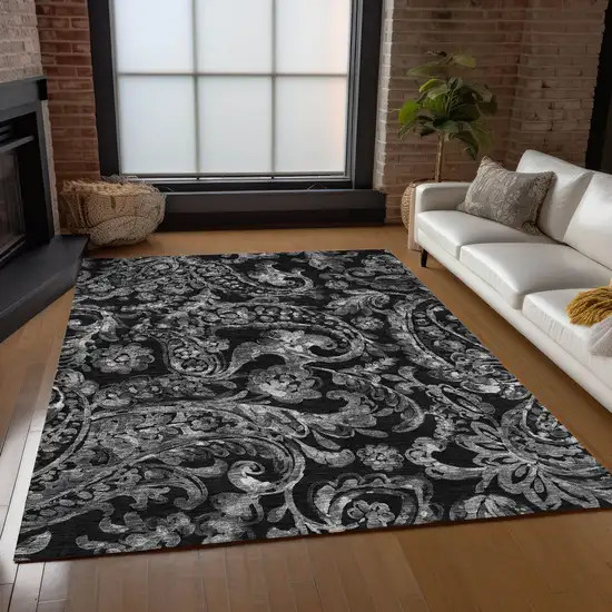 Black Gray And Charcoal Paisley Washable Indoor Outdoor Area Rug Photo 9