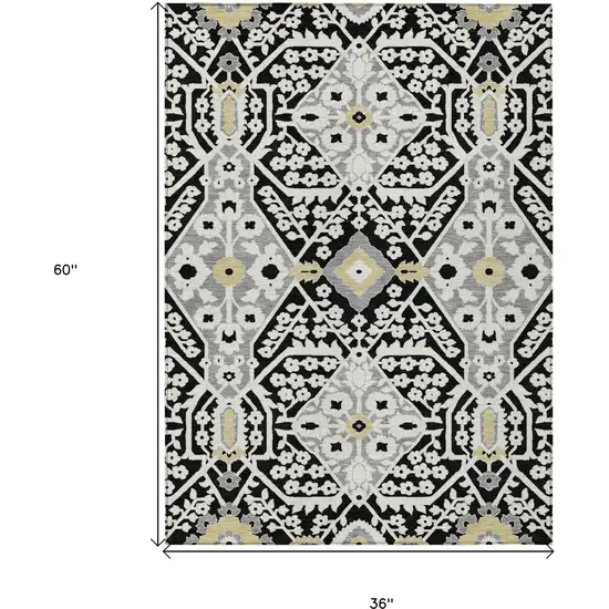 Black Gray And Gold Floral Washable Indoor Outdoor Area Rug Photo 3