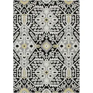 Photo of Black Gray And Gold Floral Washable Indoor Outdoor Area Rug