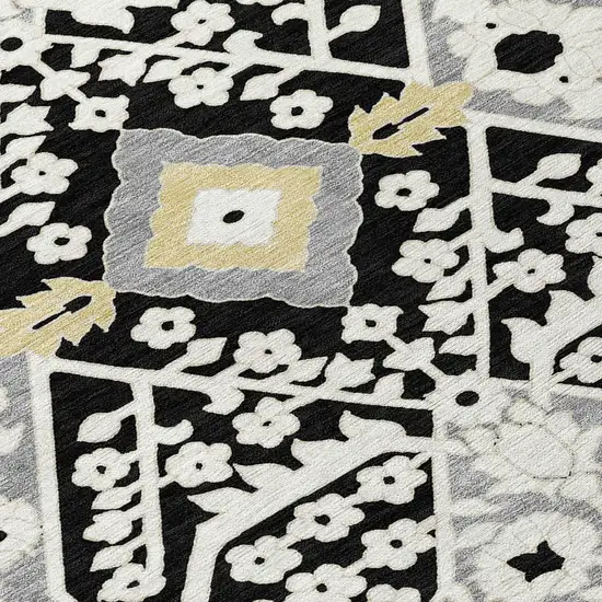 Black Gray And Gold Floral Washable Indoor Outdoor Area Rug Photo 6