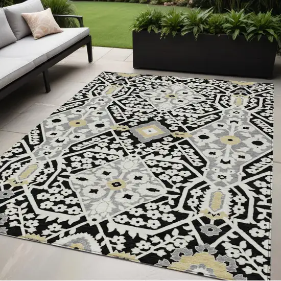 Black Gray And Gold Floral Washable Indoor Outdoor Area Rug Photo 1