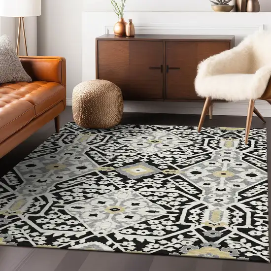 Black Gray And Gold Floral Washable Indoor Outdoor Area Rug Photo 9