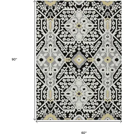 Black Gray And Gold Floral Washable Indoor Outdoor Area Rug Photo 3