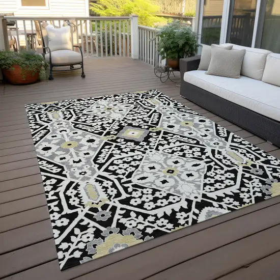 Black Gray And Gold Floral Washable Indoor Outdoor Area Rug Photo 8