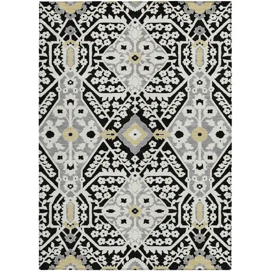 Black Gray And Gold Floral Washable Indoor Outdoor Area Rug Photo 7