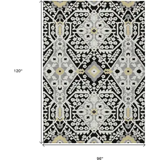 Black Gray And Gold Floral Washable Indoor Outdoor Area Rug Photo 3