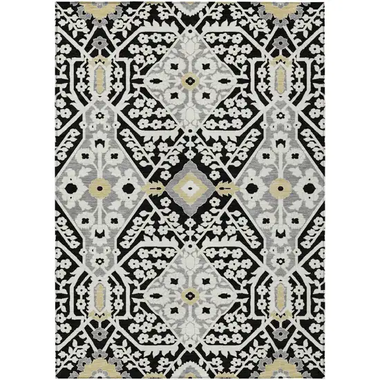 Black Gray And Gold Floral Washable Indoor Outdoor Area Rug Photo 2