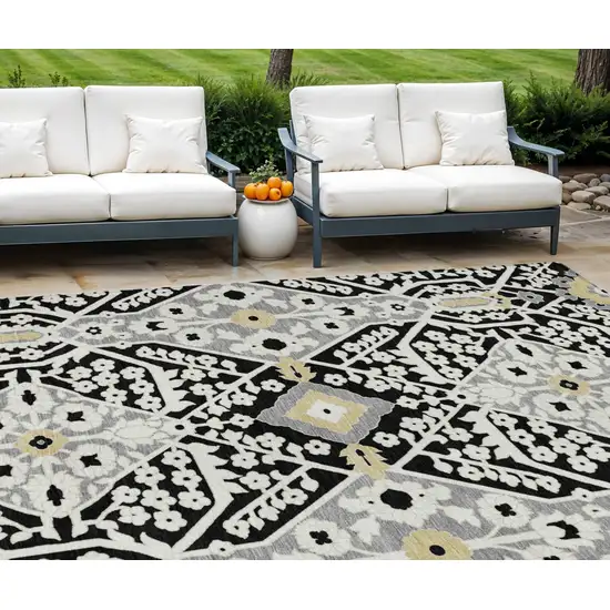 Black Gray And Gold Floral Washable Indoor Outdoor Area Rug Photo 1