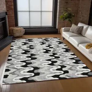 Photo of Black Gray And Silver Abstract Washable Indoor Outdoor Area Rug