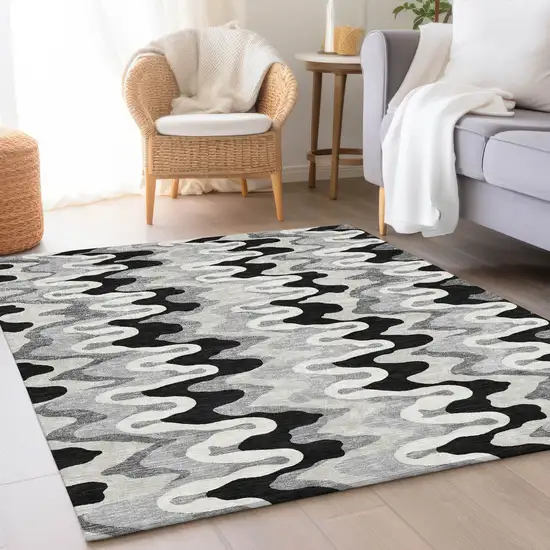 Black Gray And Silver Abstract Washable Indoor Outdoor Area Rug Photo 6