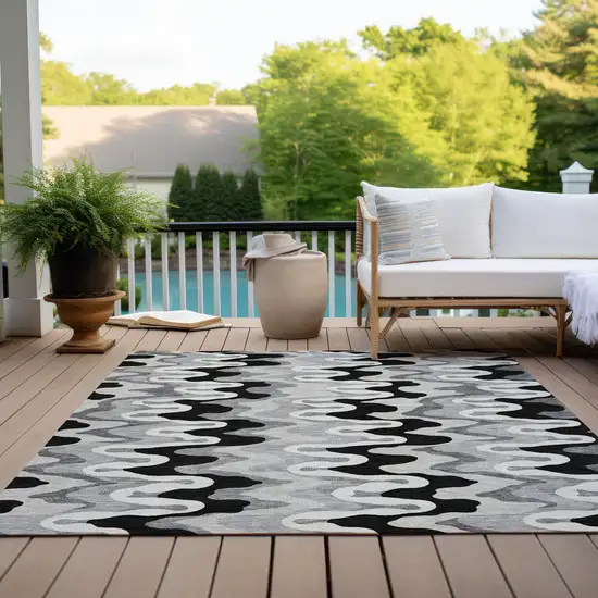 Black Gray And Silver Abstract Washable Indoor Outdoor Area Rug Photo 8