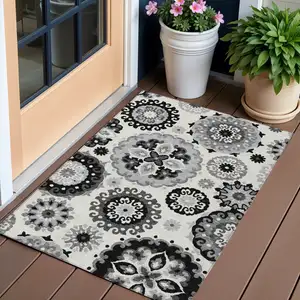 Photo of Black Gray And Silver Floral Medallion Washable Indoor Outdoor Area Rug