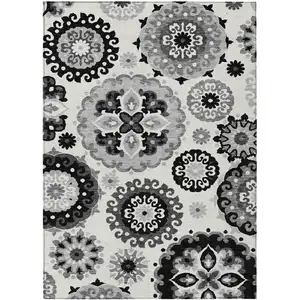 Photo of Black Gray And Silver Floral Medallion Washable Indoor Outdoor Area Rug